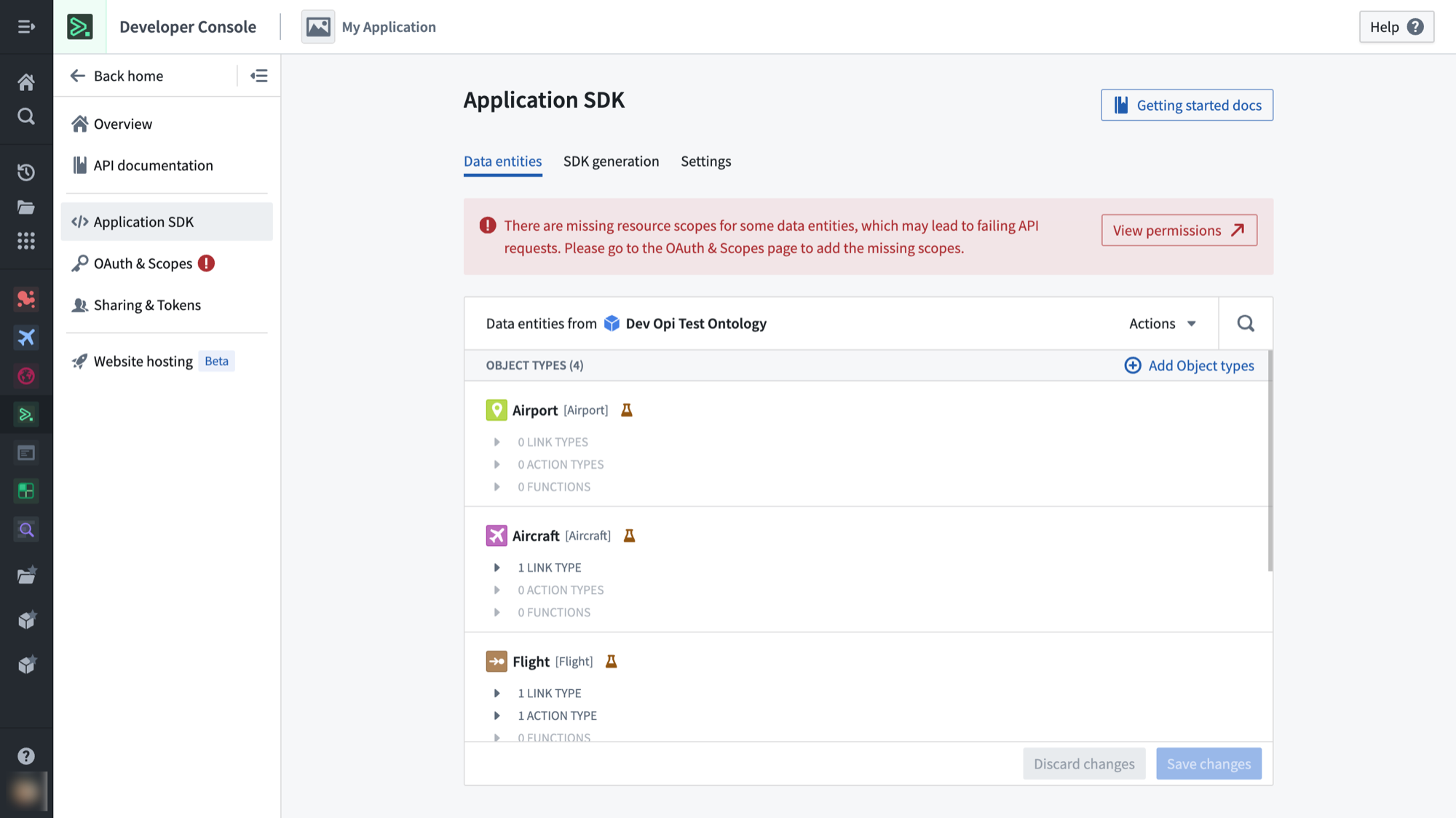 The outdated dependencies warning displays on the Application SDK page.
