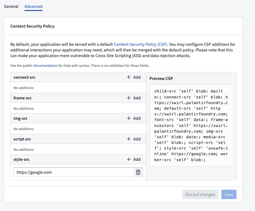 Configuring CSP rules for a developer console application