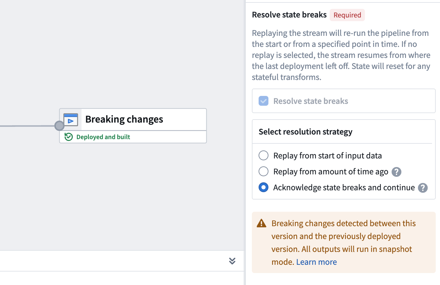 The state-break acknowledgment dialog for input and output changes.