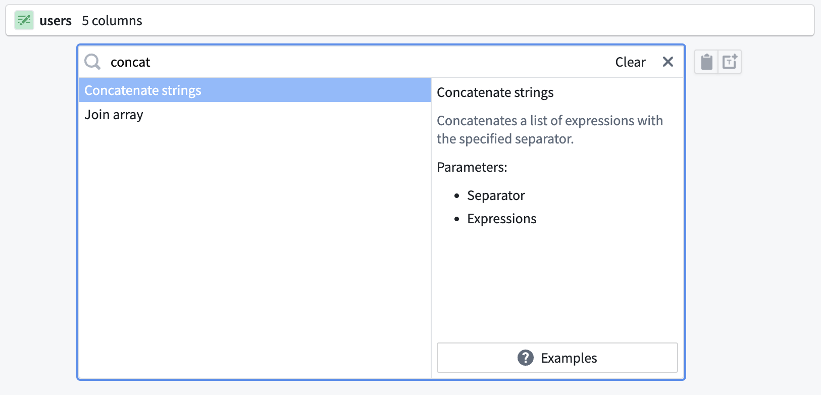 Screenshot of concatenate strings transform