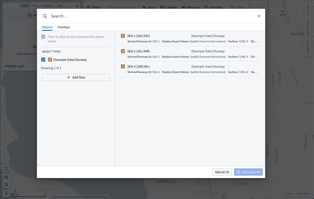 Search dialog filtered to intersecting objects.
