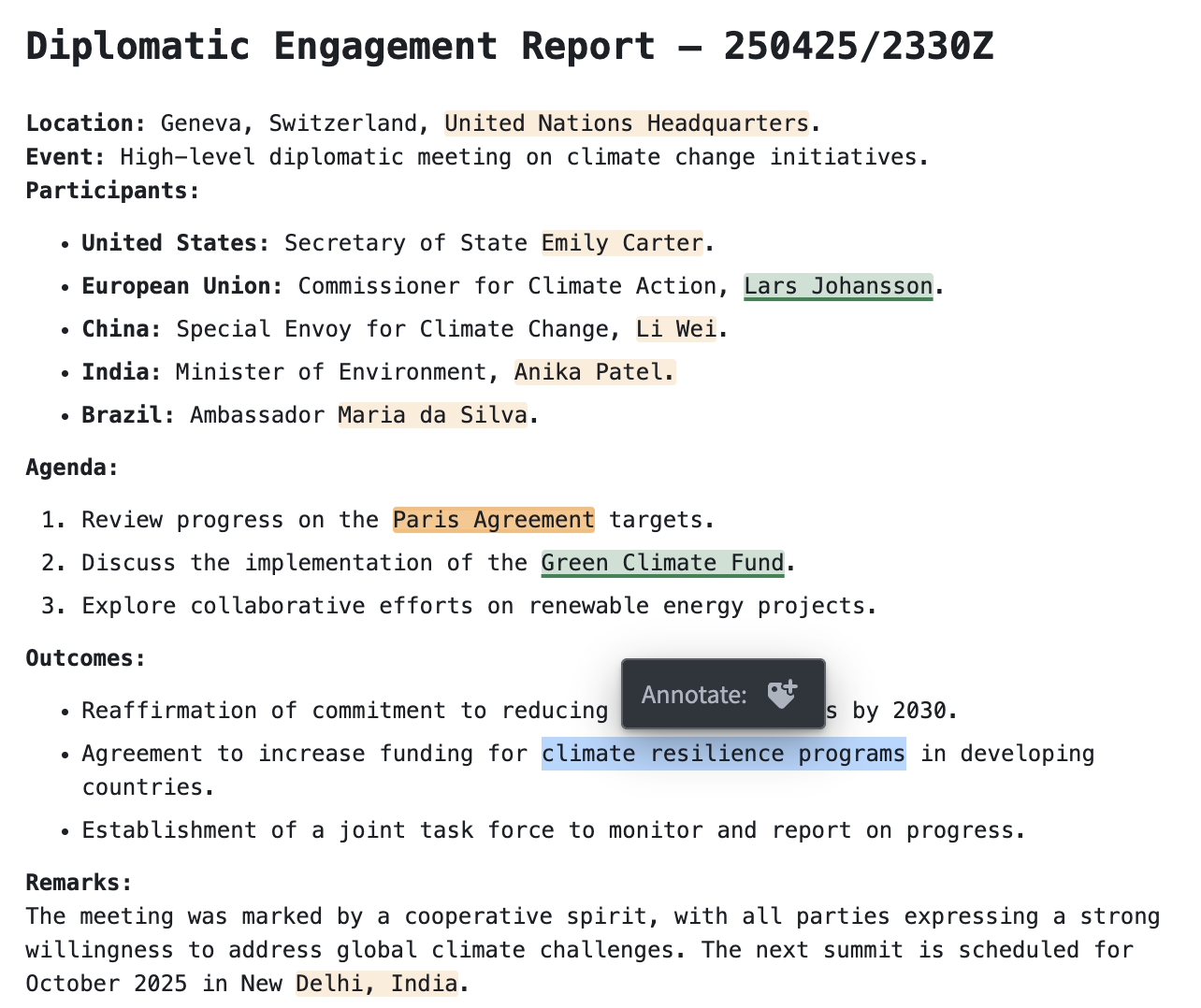 Markdown widget example with annotation creation.