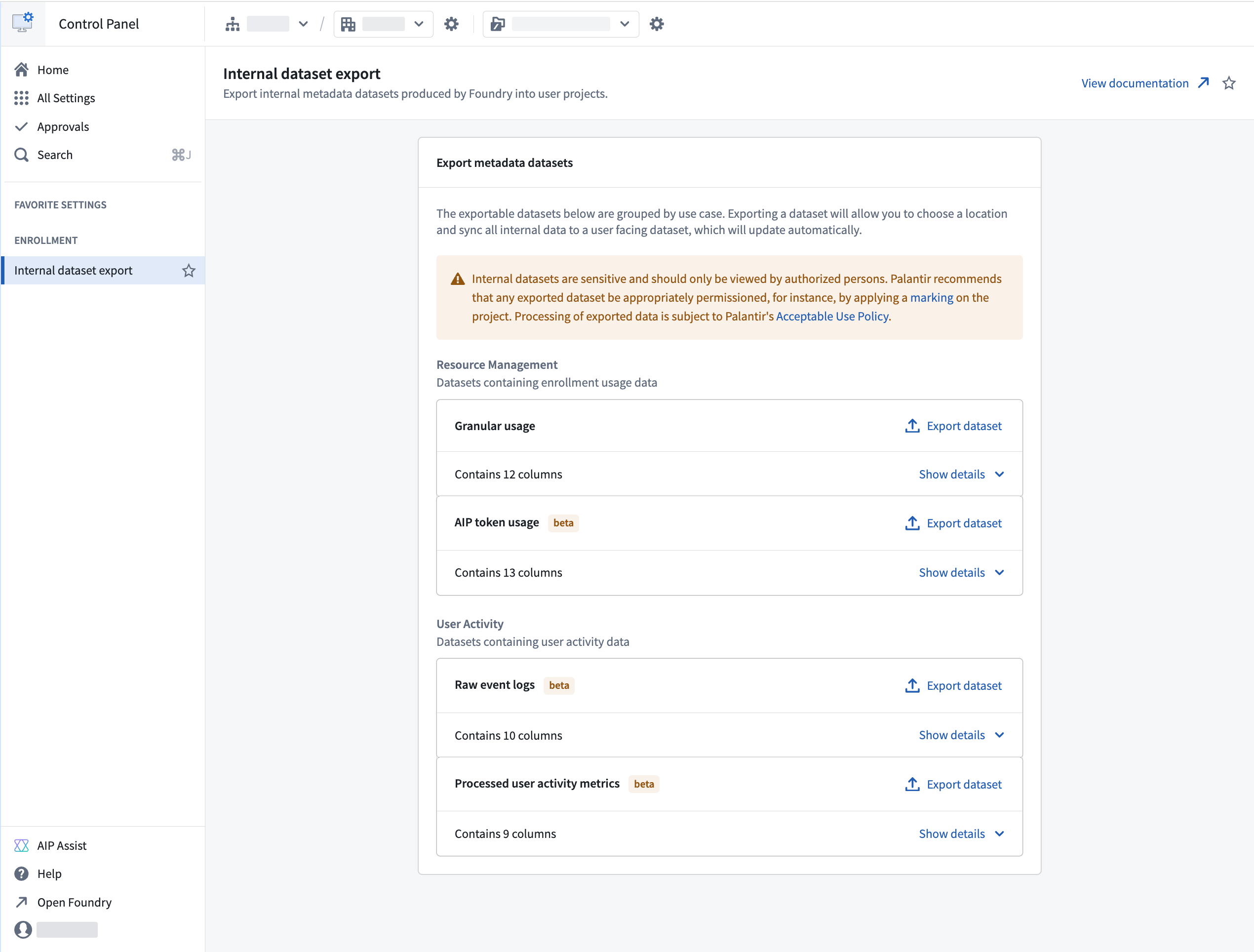 internal dataset export