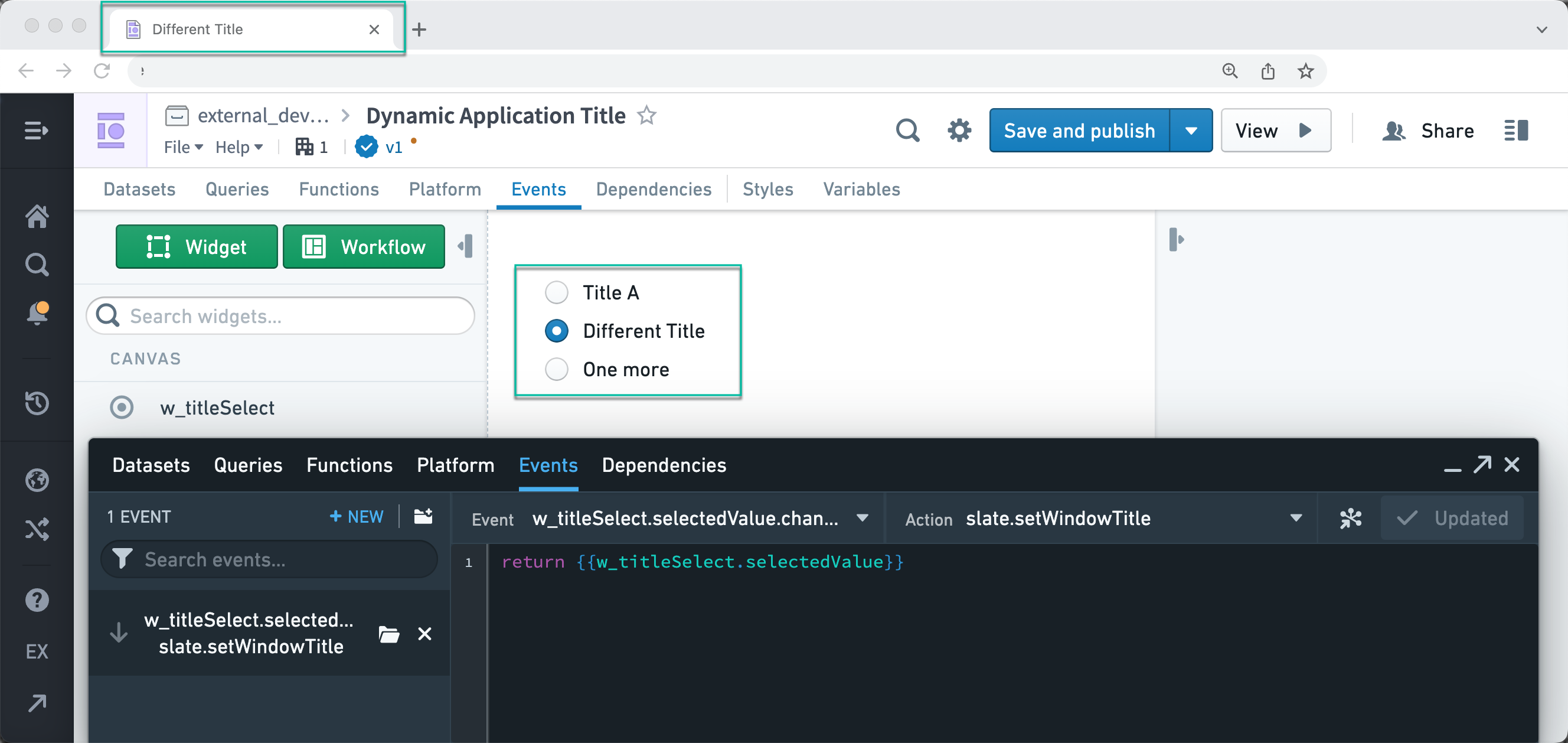 Screenshot showing the events editor returning a dynamic value for the browser title.