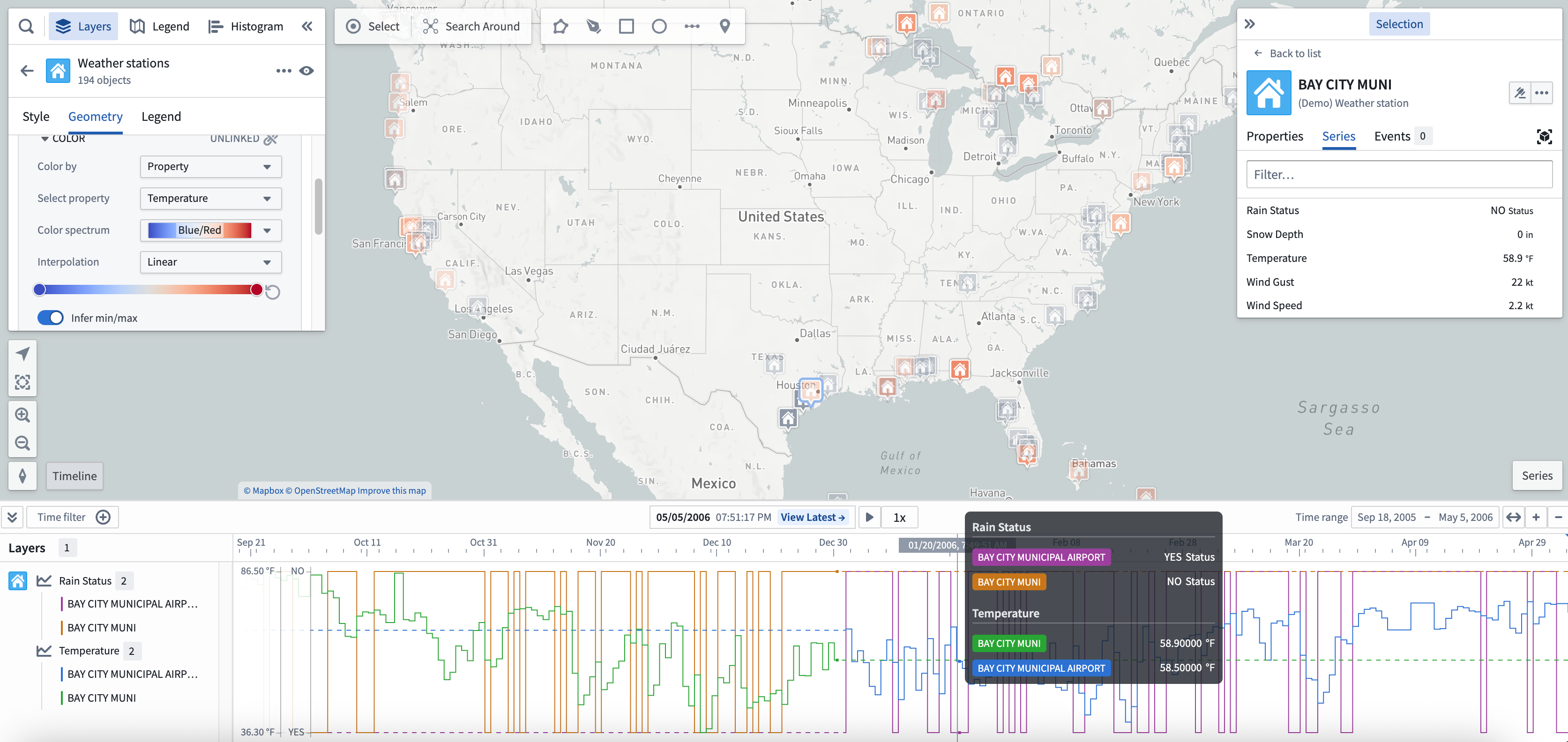 Time series data in the timeline and selection panel.