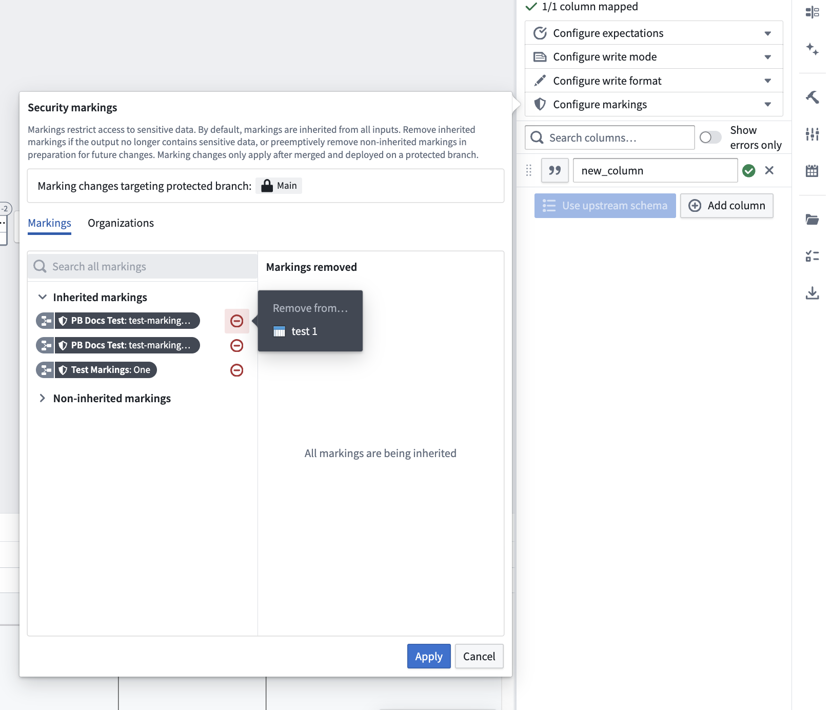 A pop-up dialog for removing markings on an output in Pipeline Builder.