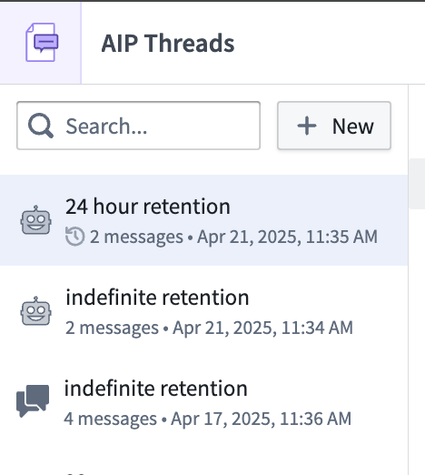 AIP Threads conversations marked with indefinite and 24-hour retention.