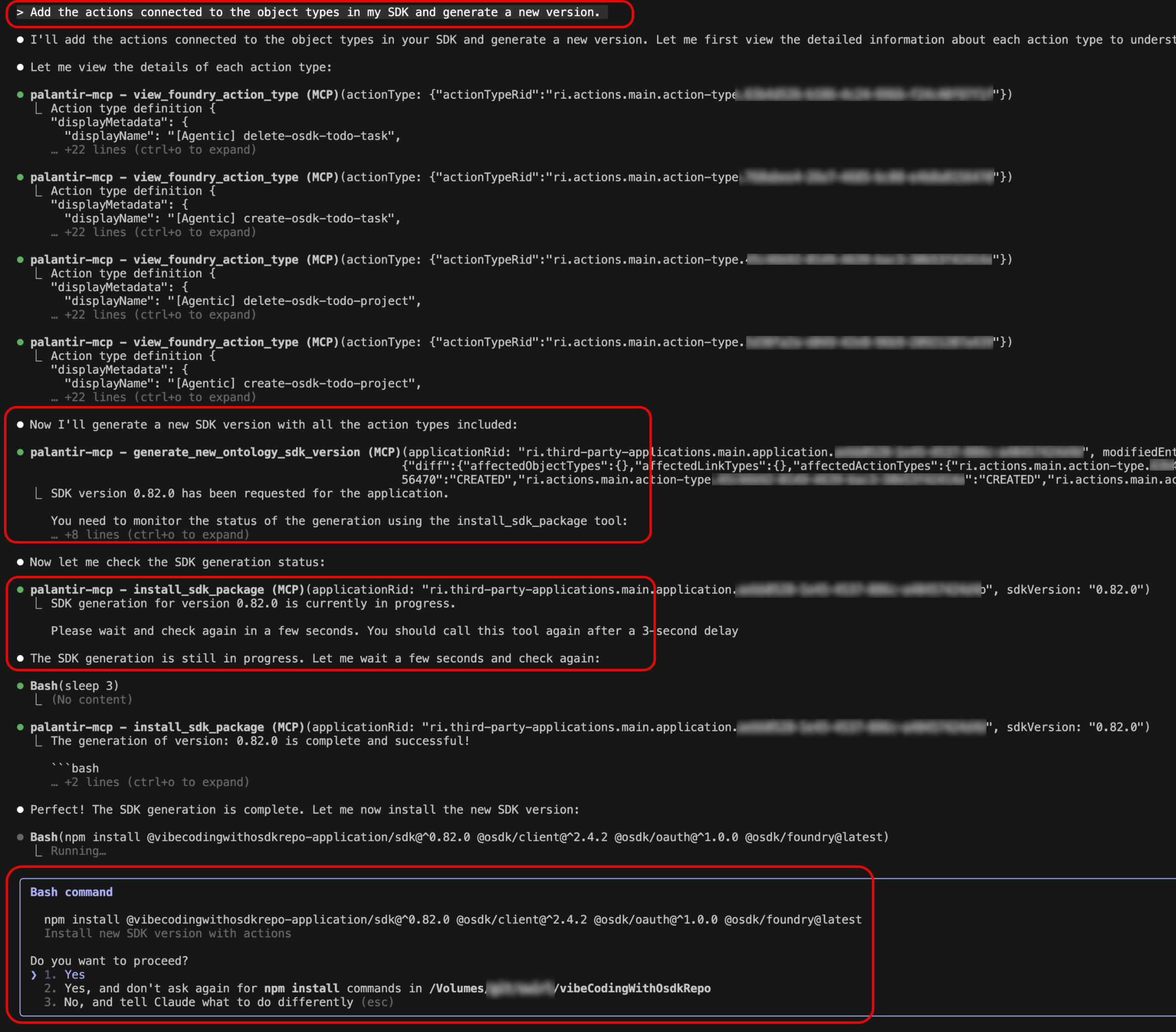 Try it out using a prompt Add the actions connected to the object types in my SDK and generate a new version.