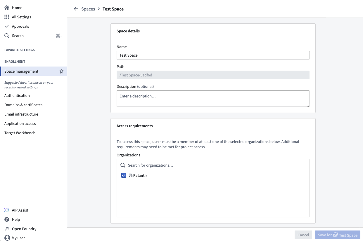 Spaces settings page.