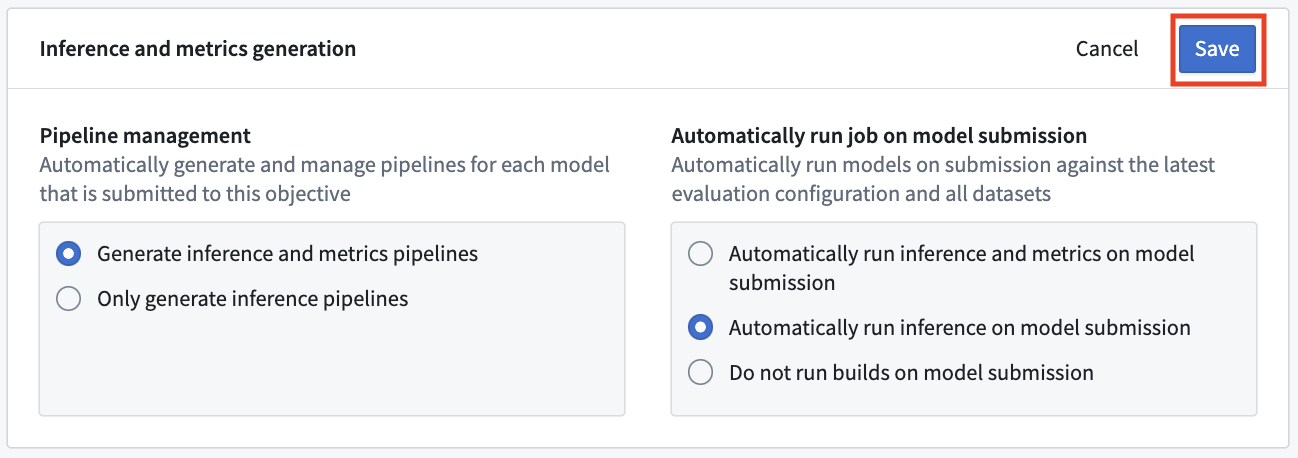 Evaluation pipeline configuration in Modeling Objectives.
