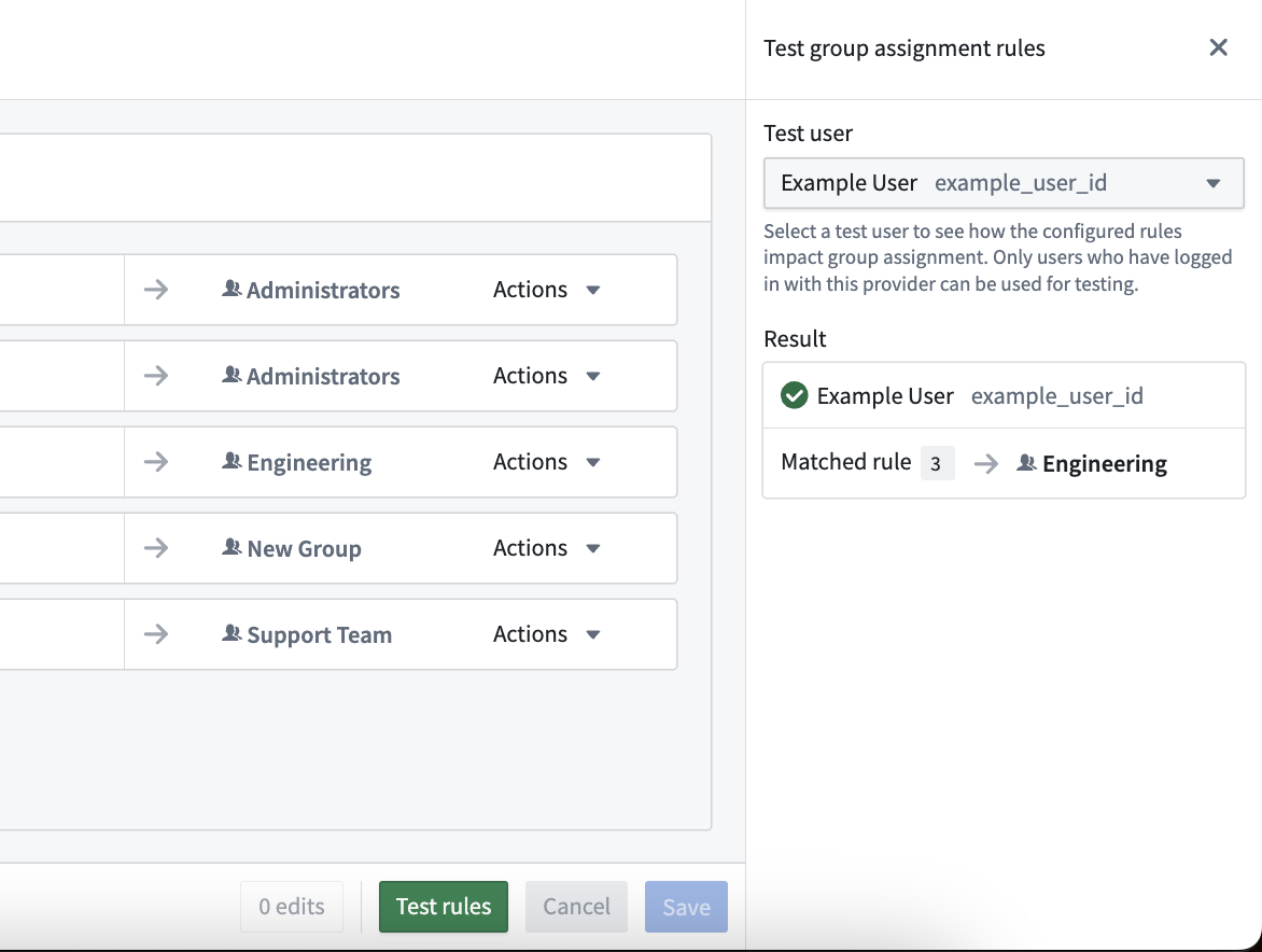 The Test rules interface when validating rules against an existing user