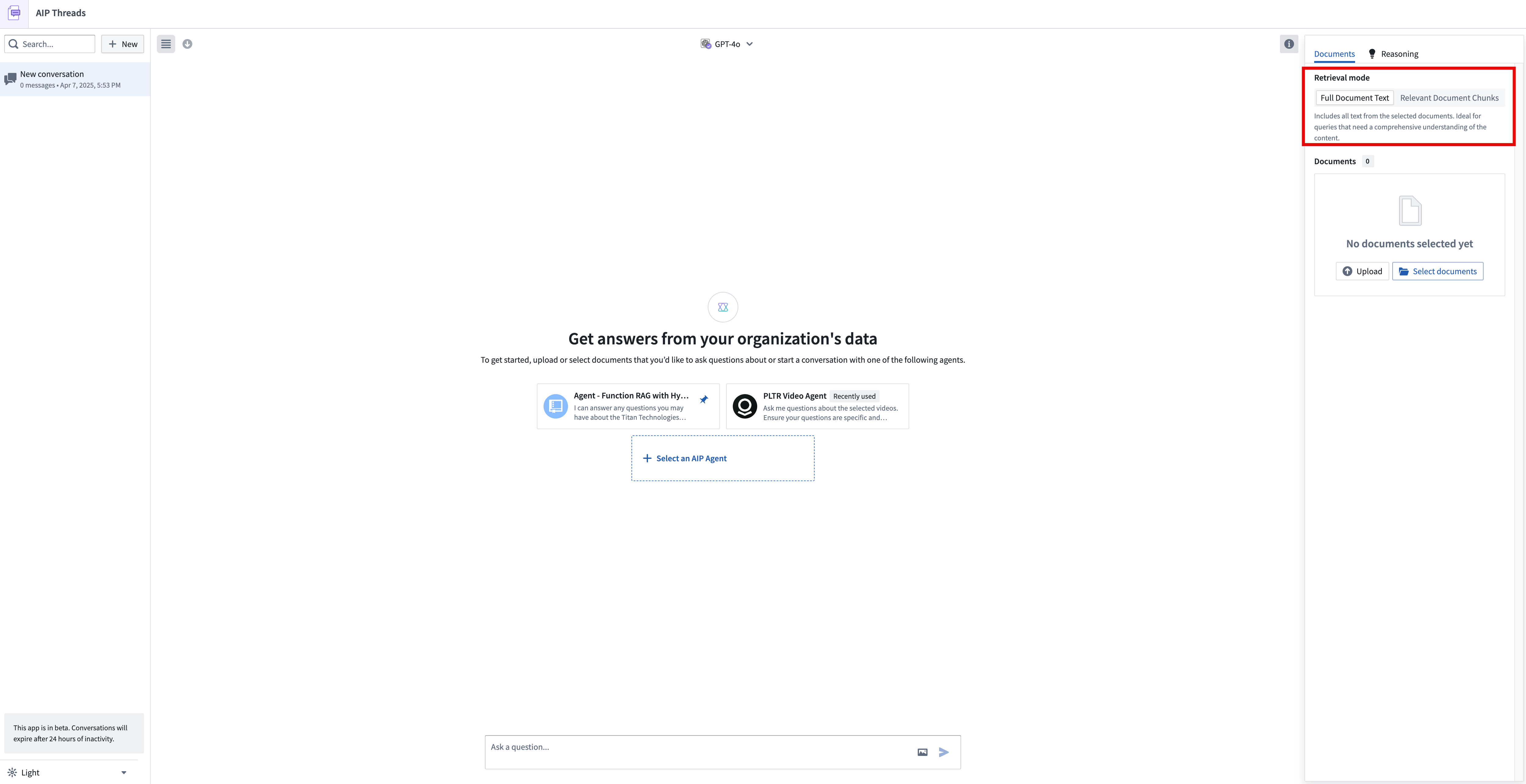 The two document modes available in AIP Threads