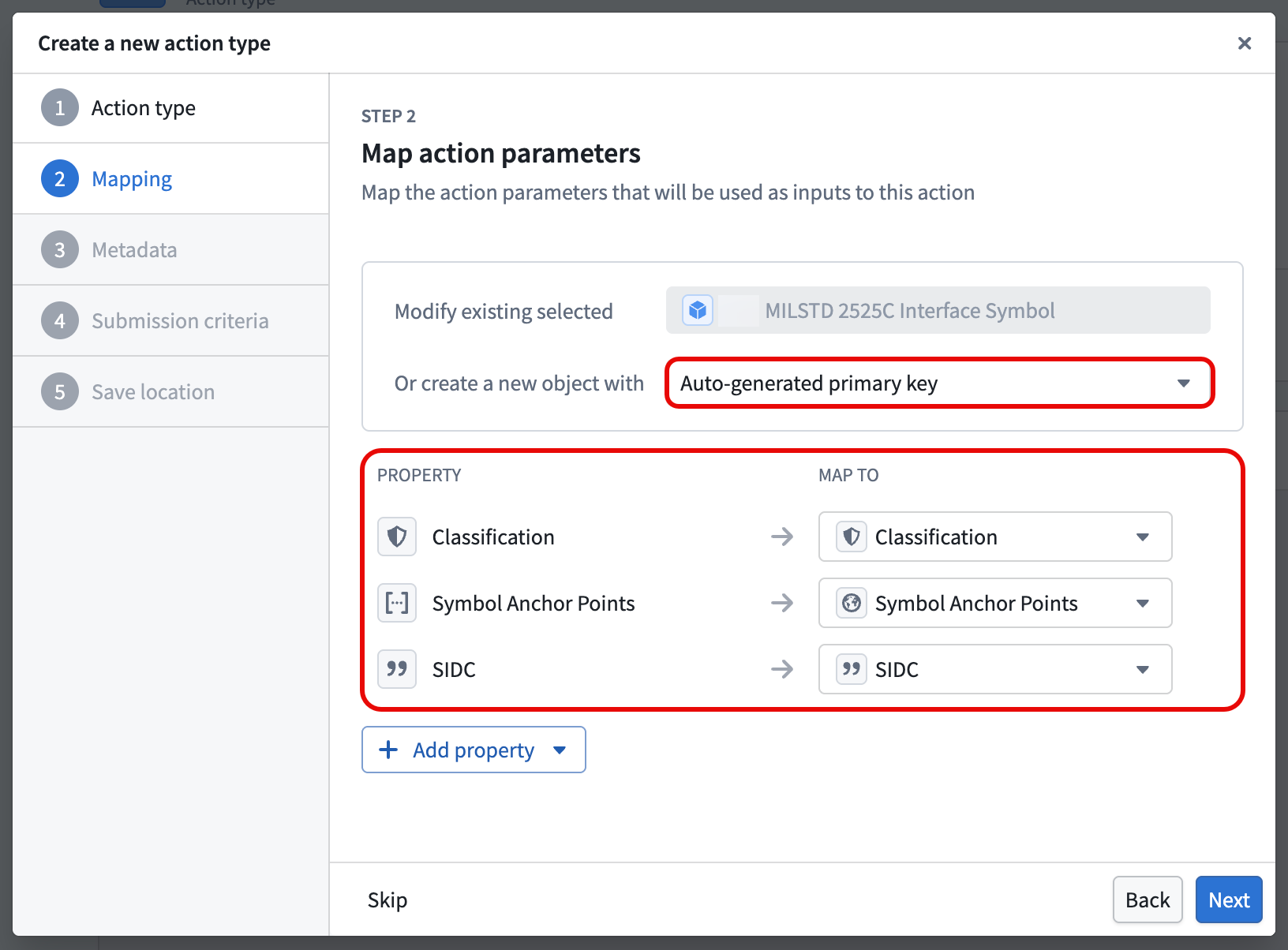 The Create a new action type window is displayed for an object type implementing the MILSTD 2525C Symbol interface, where a user can map action parameters used as action inputs.