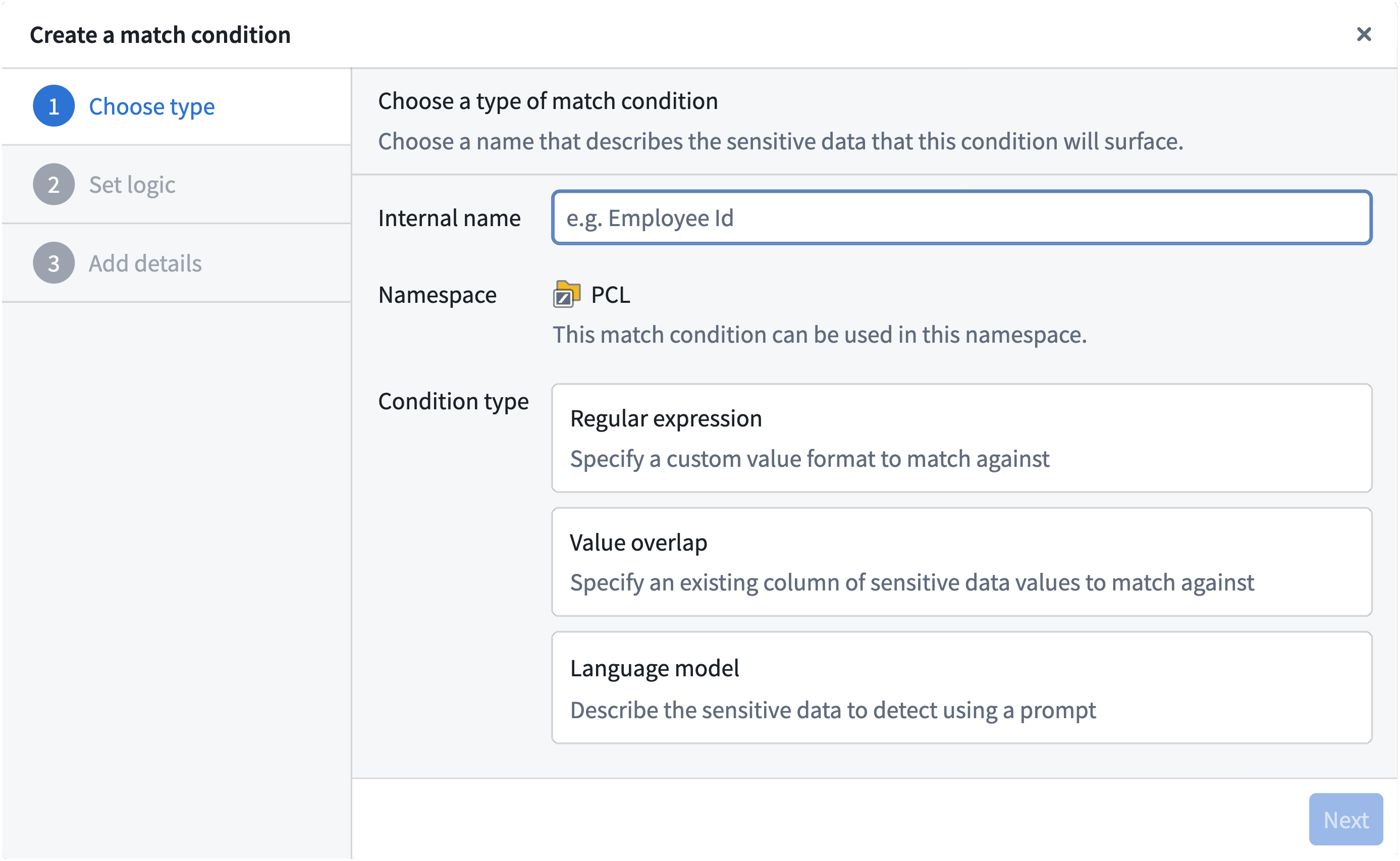 Screenshot of Create a match condition popover requesting the selection of a type of match condition
