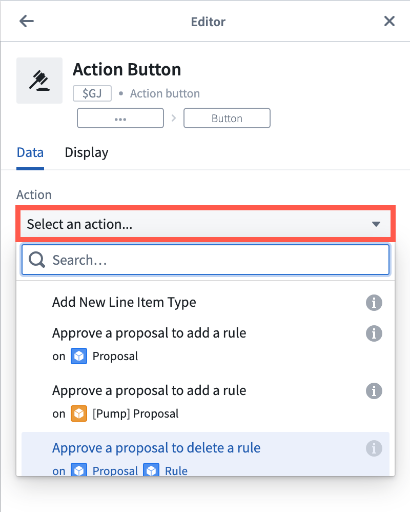The action button editor showing the select action dropdown menu with existing actions to select from.