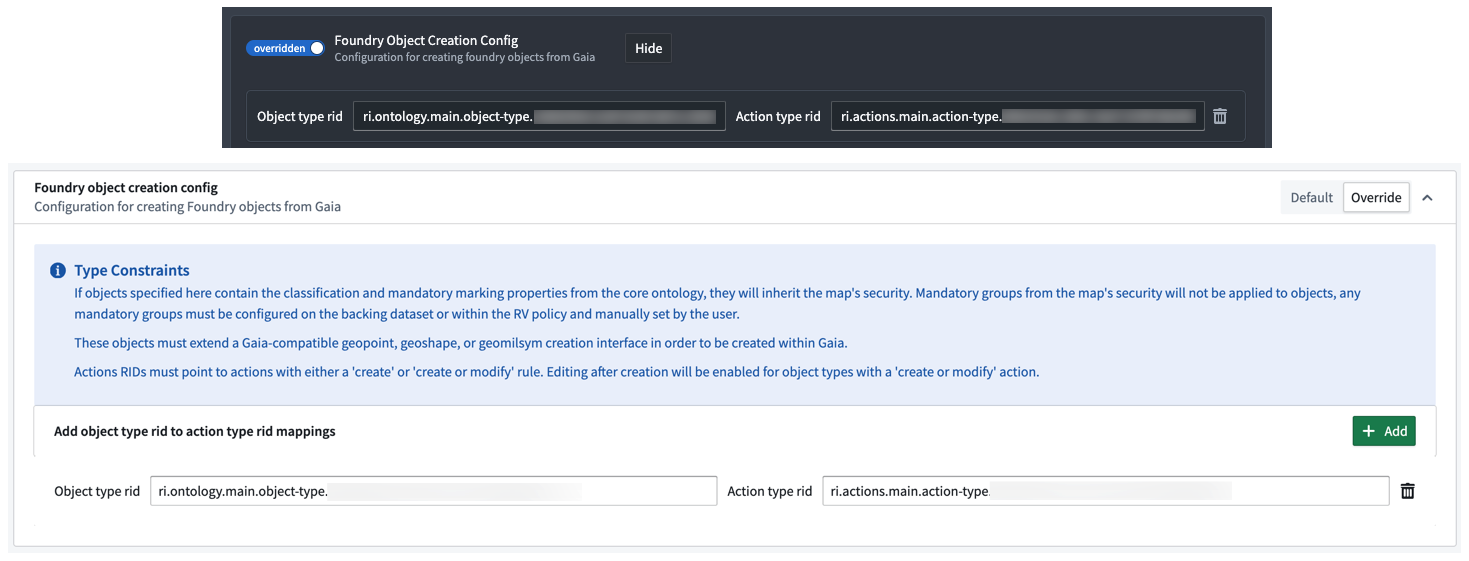 The Gaia admin application's and Control Panel extension's Foundry Object Creation Config panel.