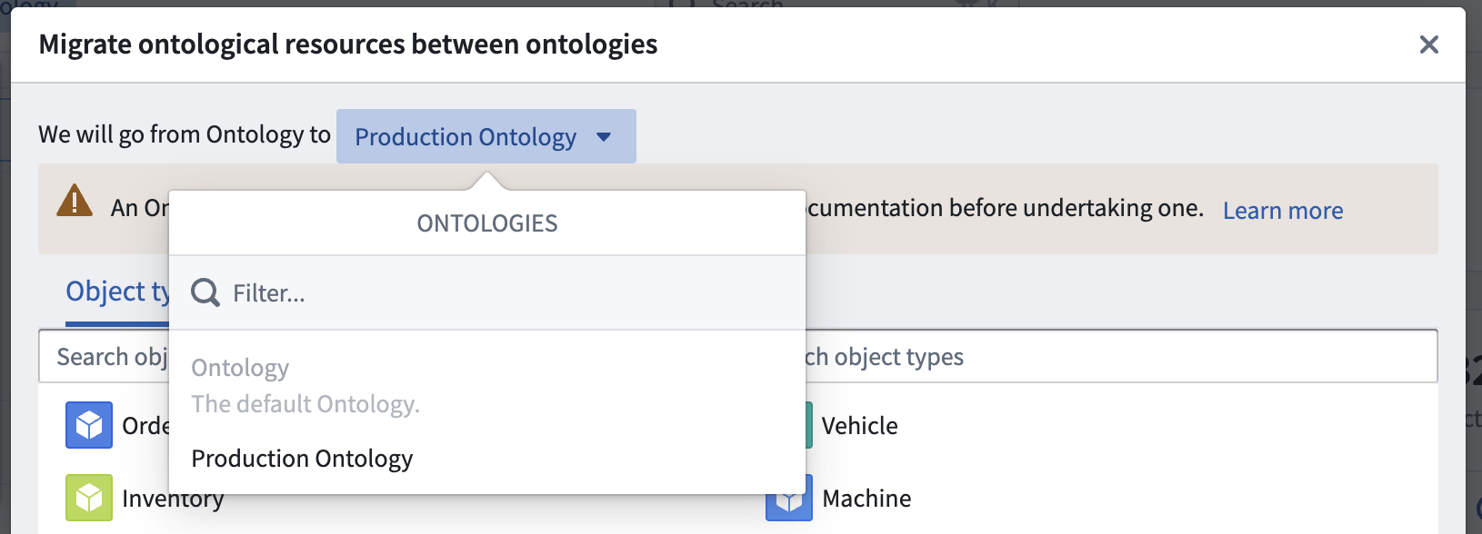Screenshot of ontology migration target selection.