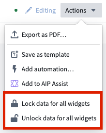 The Actions dropdown menu is displayed, where a user can lock or unlock data for the widgets in their Notepad.