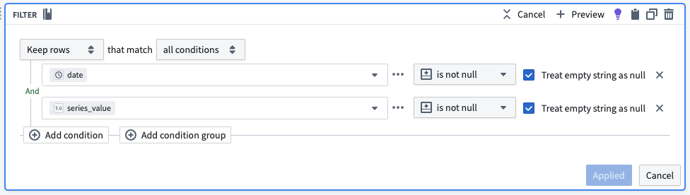 The filter transform board in Pipeline Builder, configured to remove null values.
