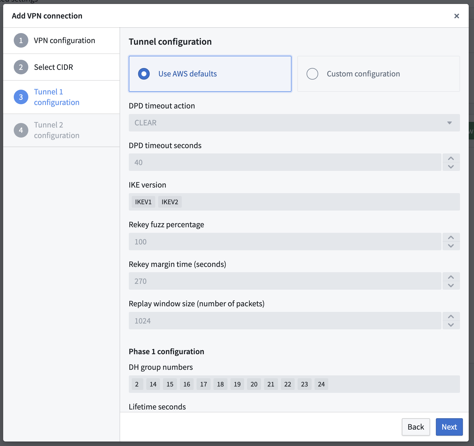 The Add VPN connection popup window displays the Tunnel 1 configuration tab.