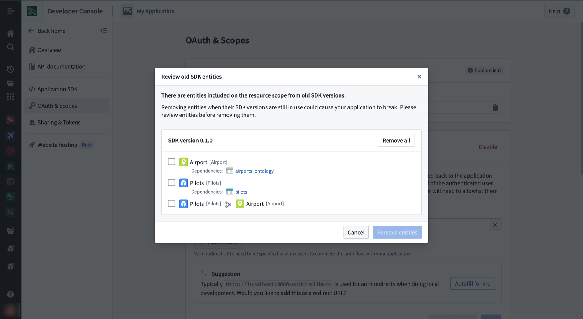 The clean-up workflow shows old resources from previous SDK versions on the OAuth and restrictions page.