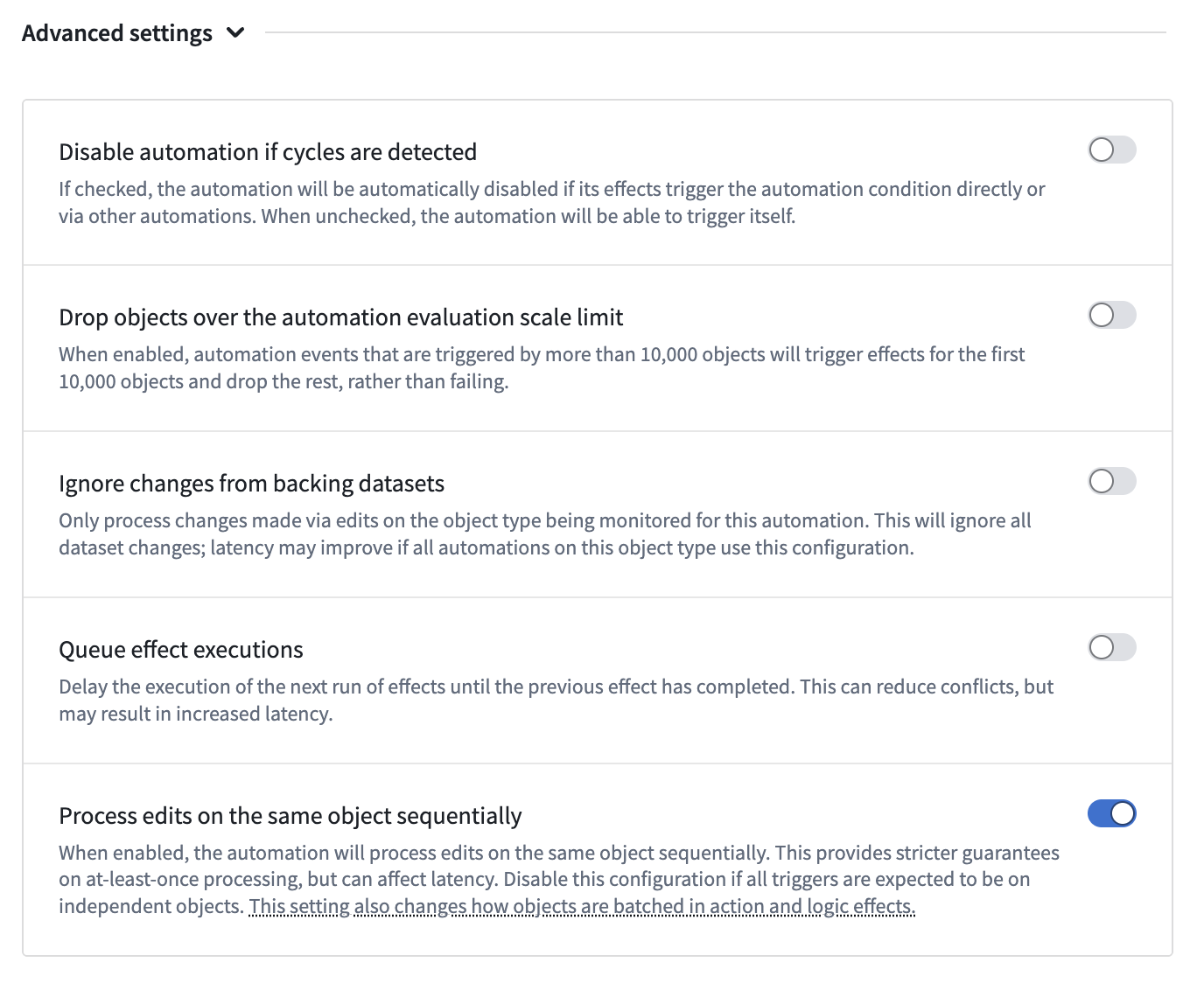 An example of advanced settings available for conditions when configuring a new automation.