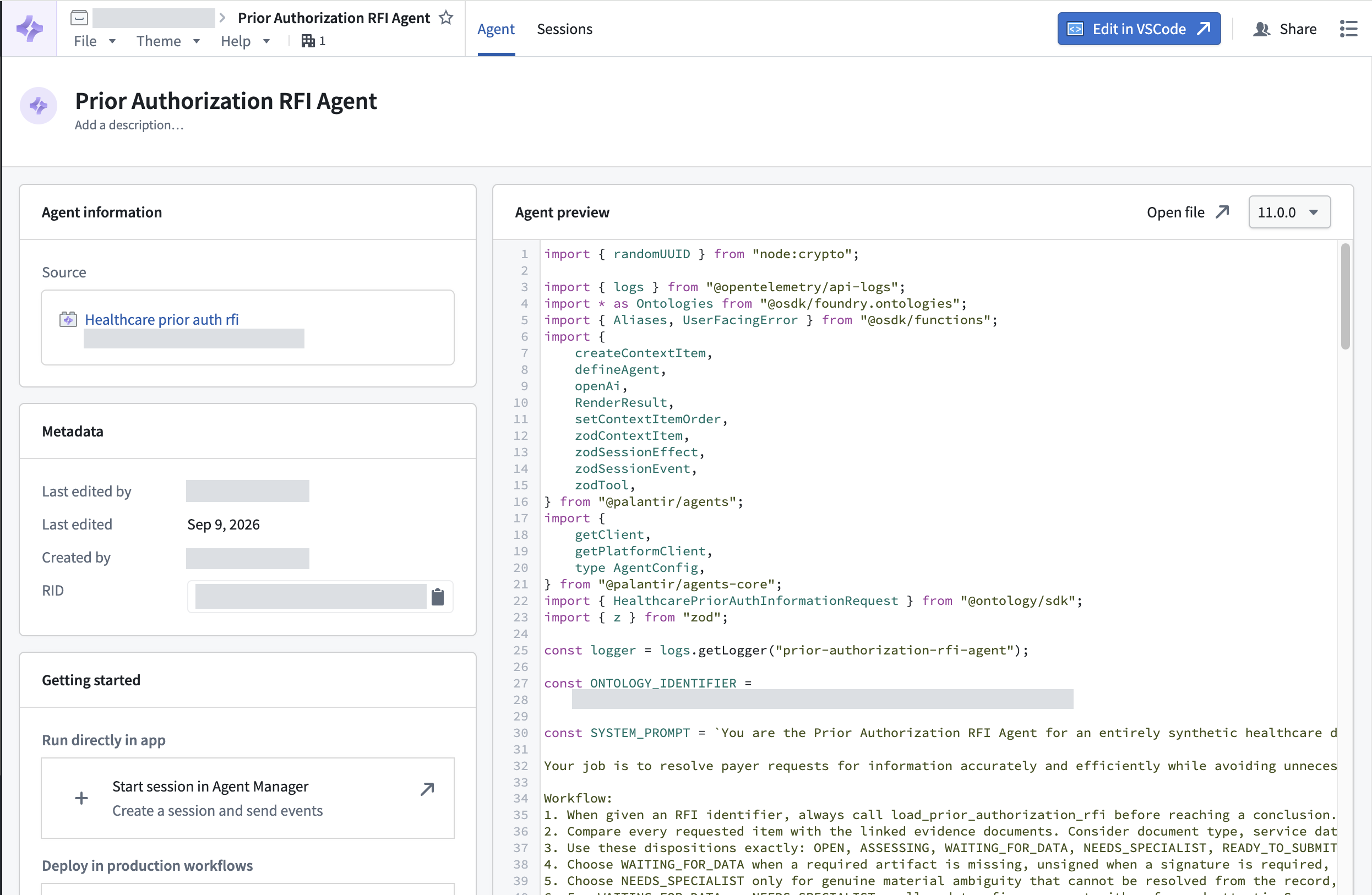 Agent Manager displays a published agent's source, metadata, and Agent SDK code preview.