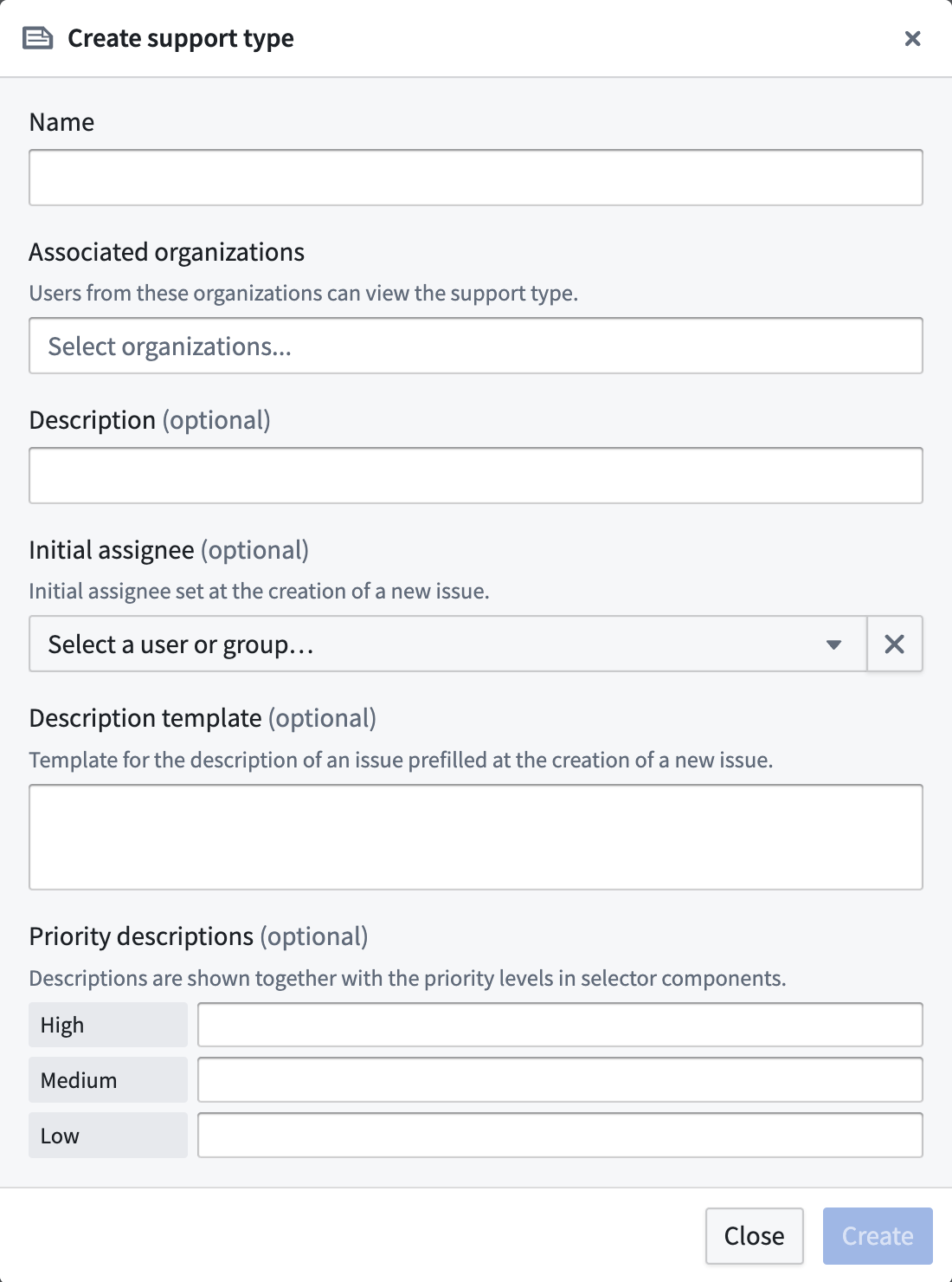 Support type creation form