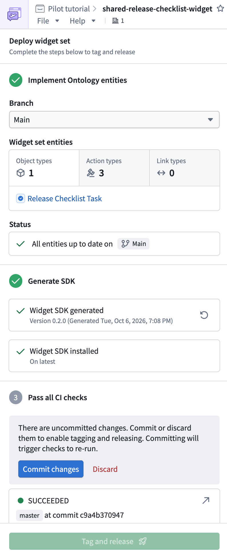 The deployment checklist shows the widget SDK and uncommitted changes that must be resolved before release.
