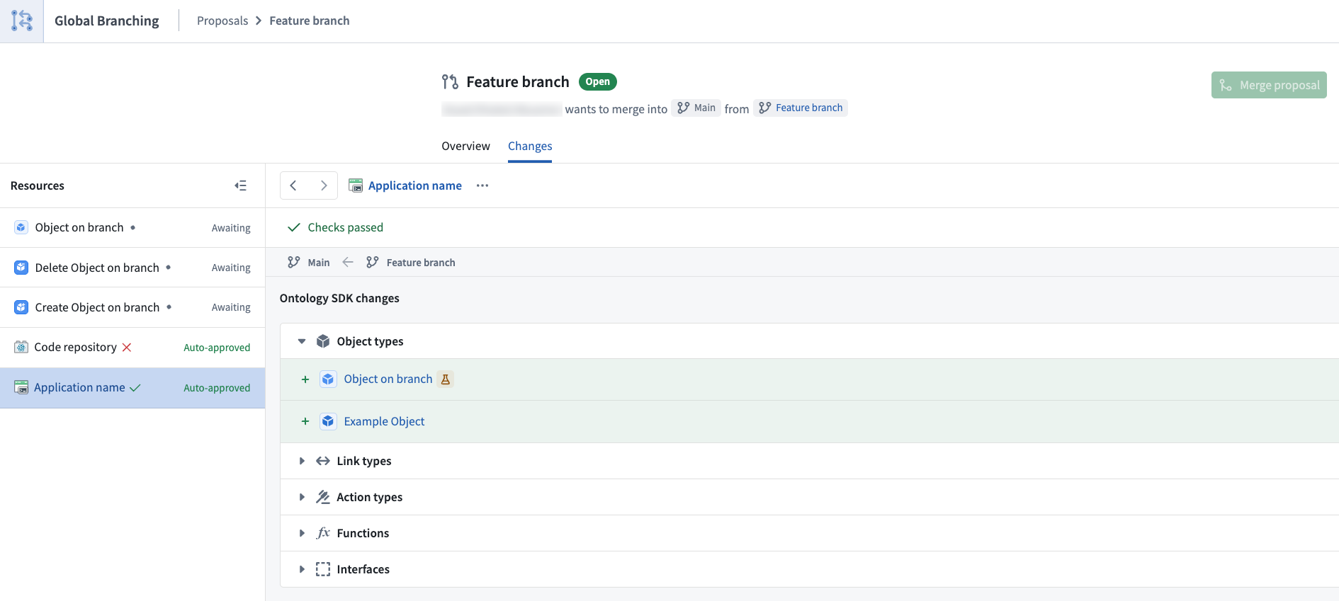 The Changes tab of a global branch proposal shows object types added to the application SDK.