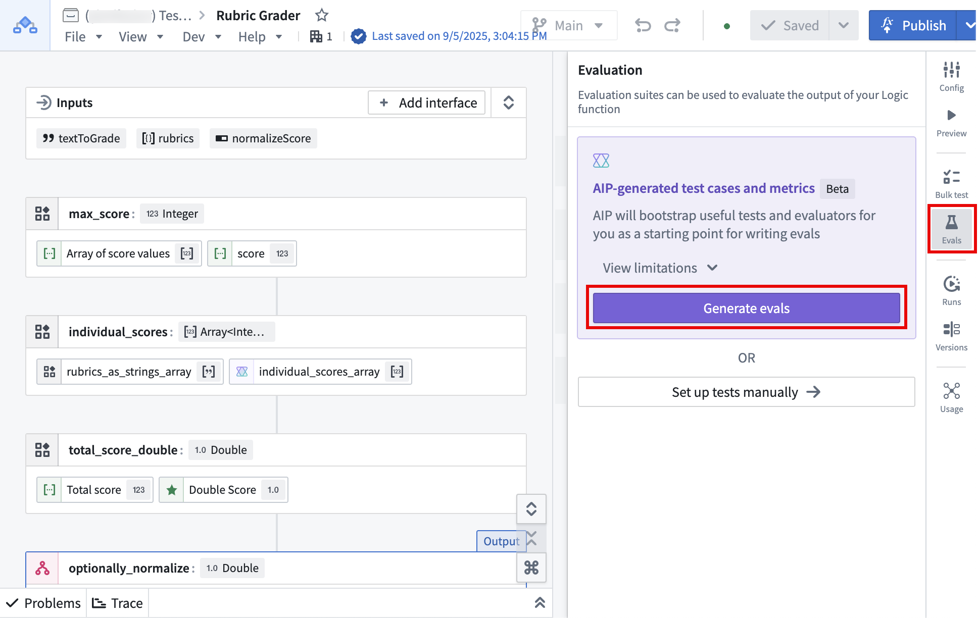 The Generate evals option found in the Evals tab in the right toolbar.