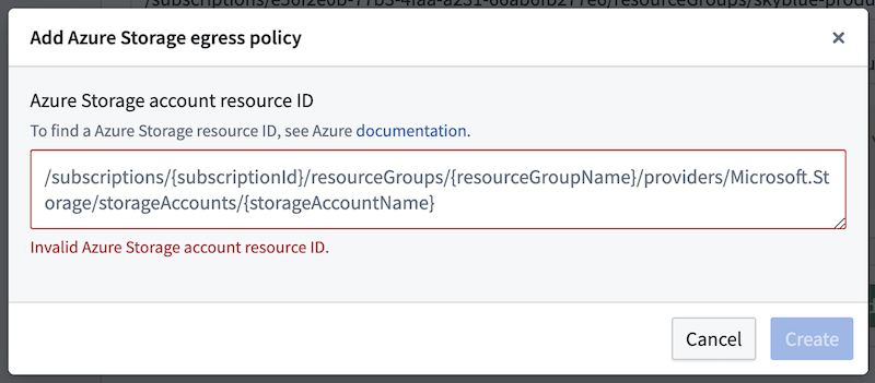 Dialog showing the inputs required to add a new Azure Storage policy.