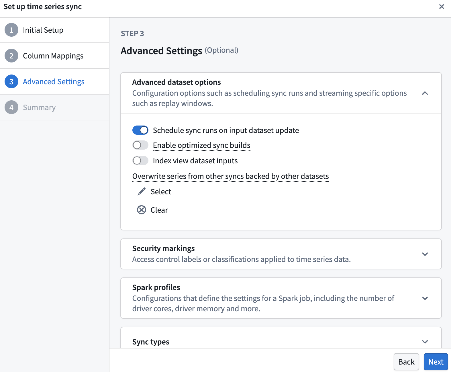 Advanced time series sync options