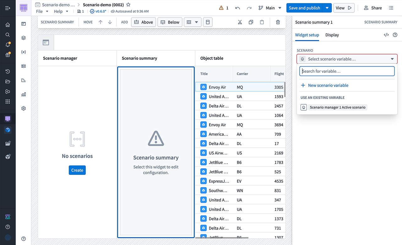 Scenario Summary widget configuration connected to the Active scenario variable from the Scenario Manager widget.