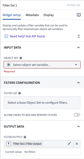 Screenshot of an empty configuration for a Filter List widget