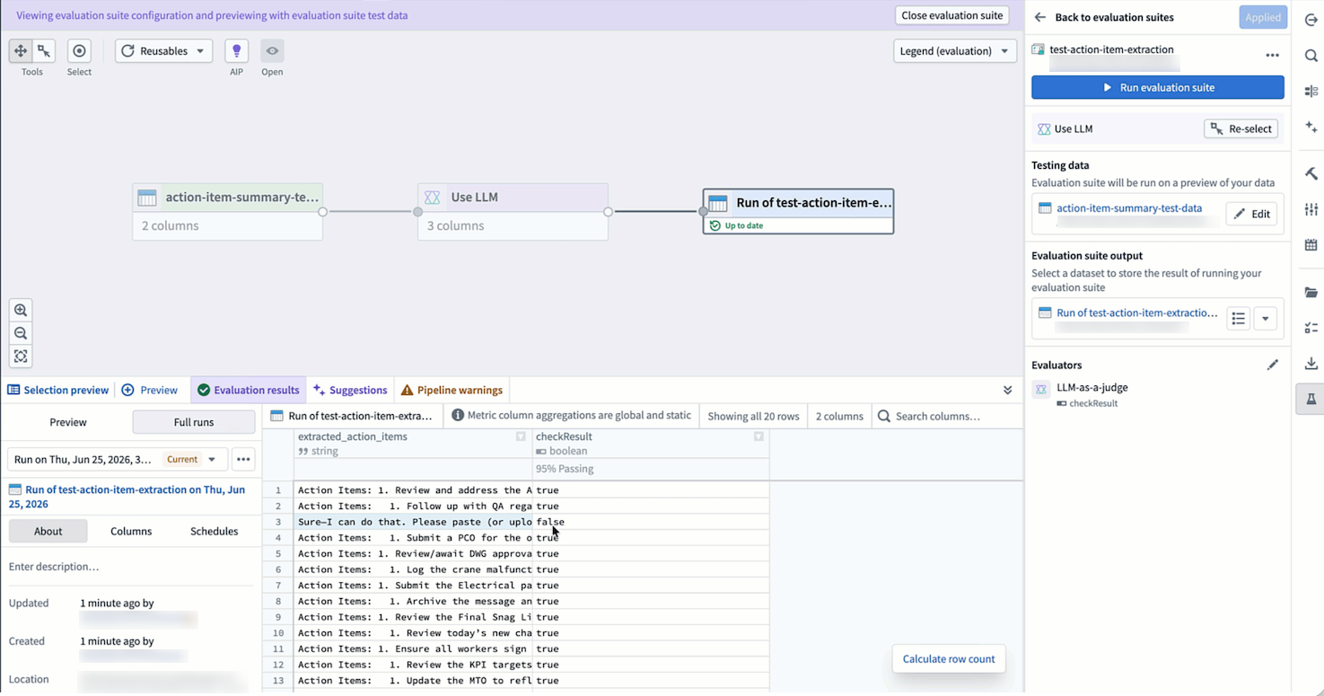 The Evaluation results tab displays the evaluator output column and the passing result for each row.