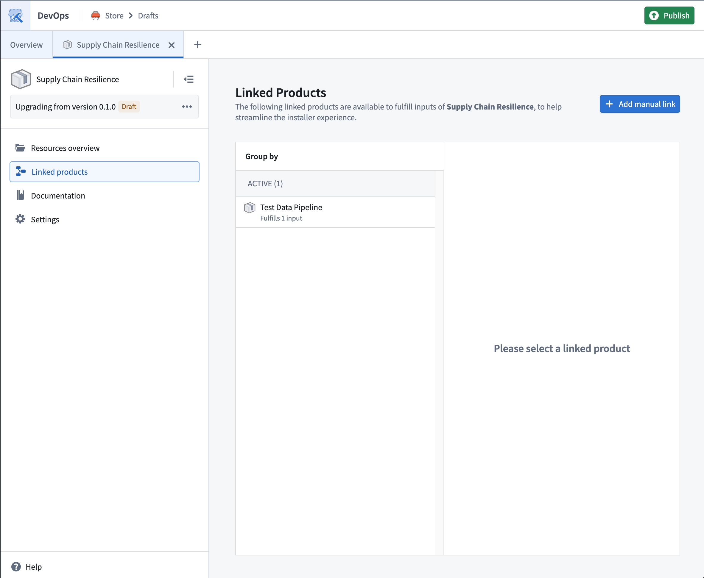 The Add manual link button on the Linked products page in DevOps.