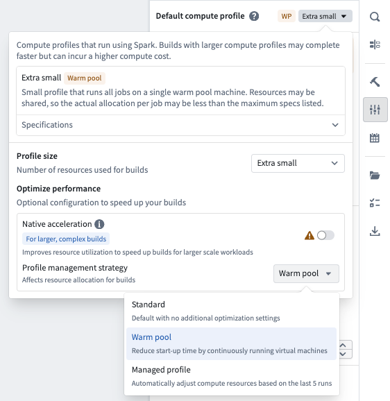 Screenshot of the "Warm pool" option in the Profile management strategy dropdown menu.