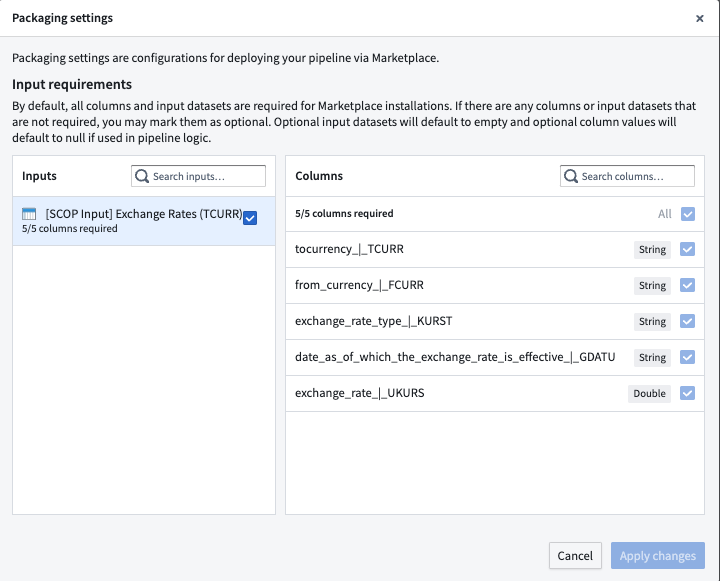 packaging settings dialog