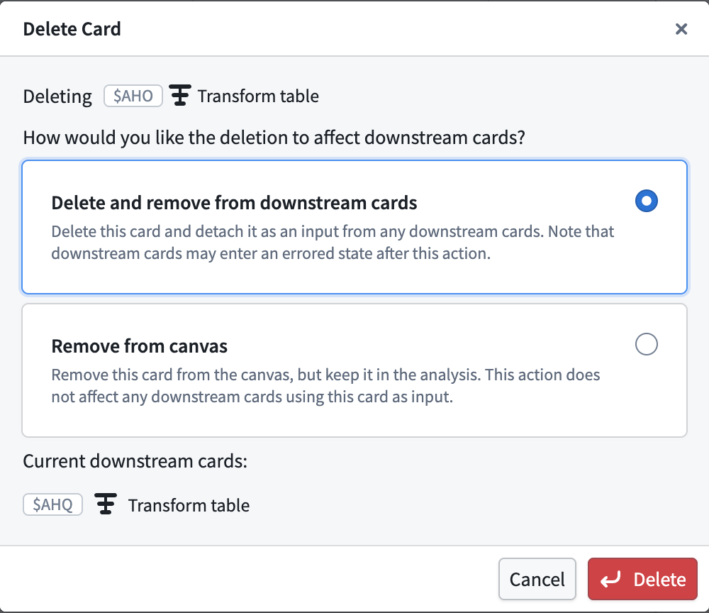 The card deletion dialog in canvas mode.