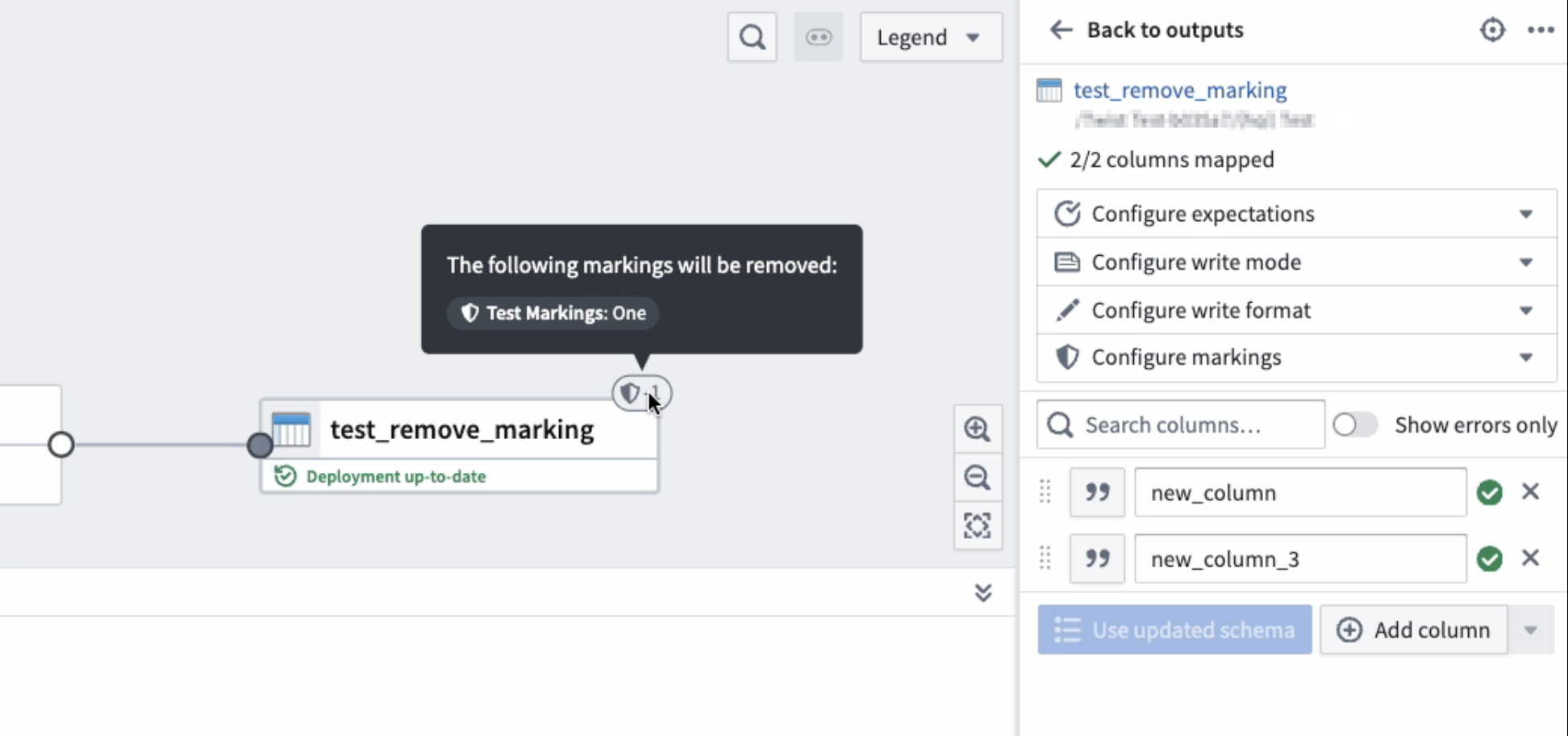 The "Remove marking" icon on an output in Pipeline Builder.