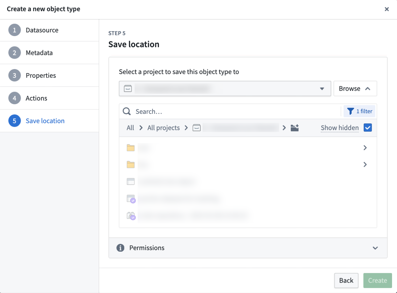 New object type Save location step.