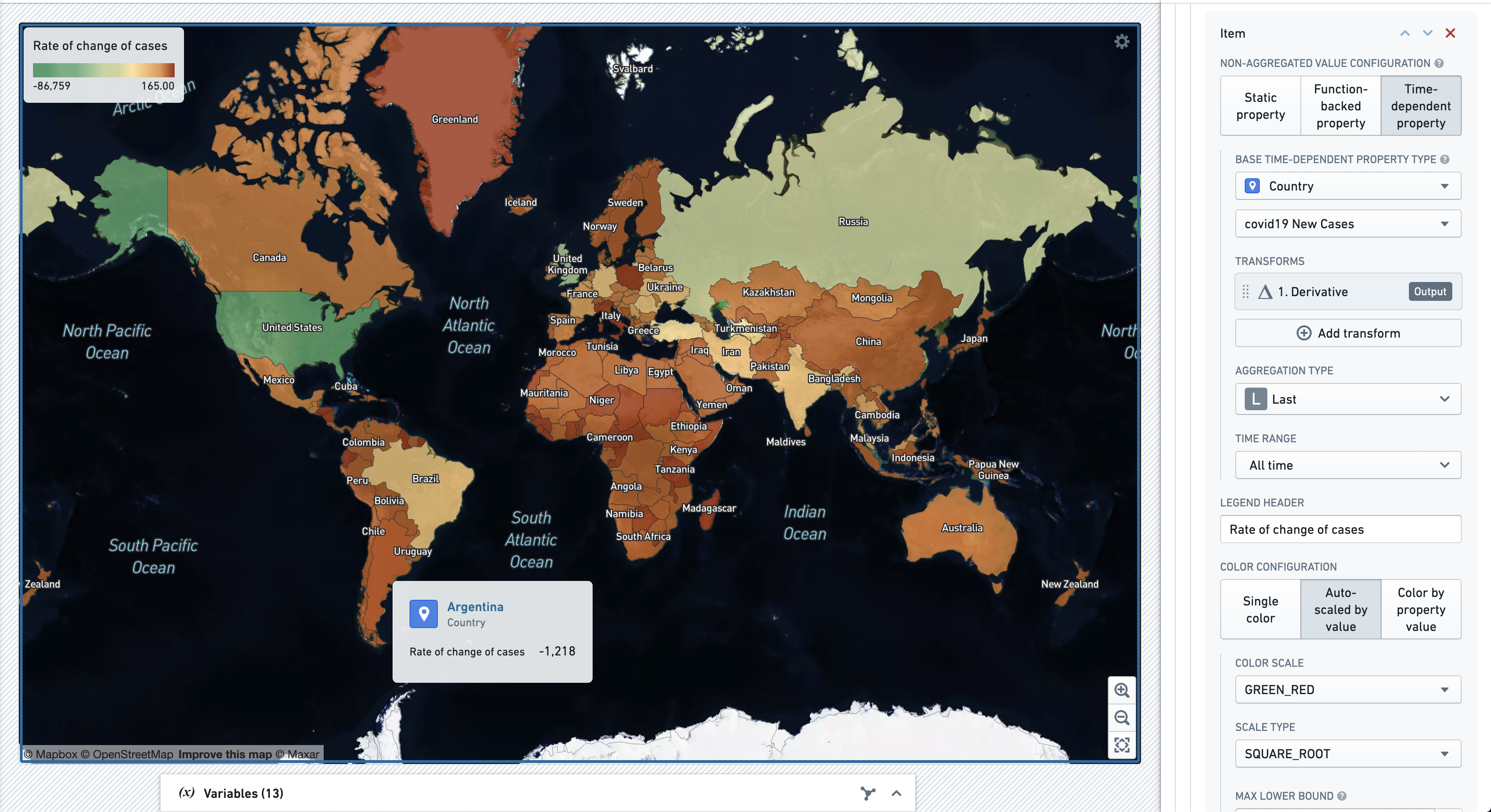 An example of time series properties displayed on a Map [Legacy] widget.