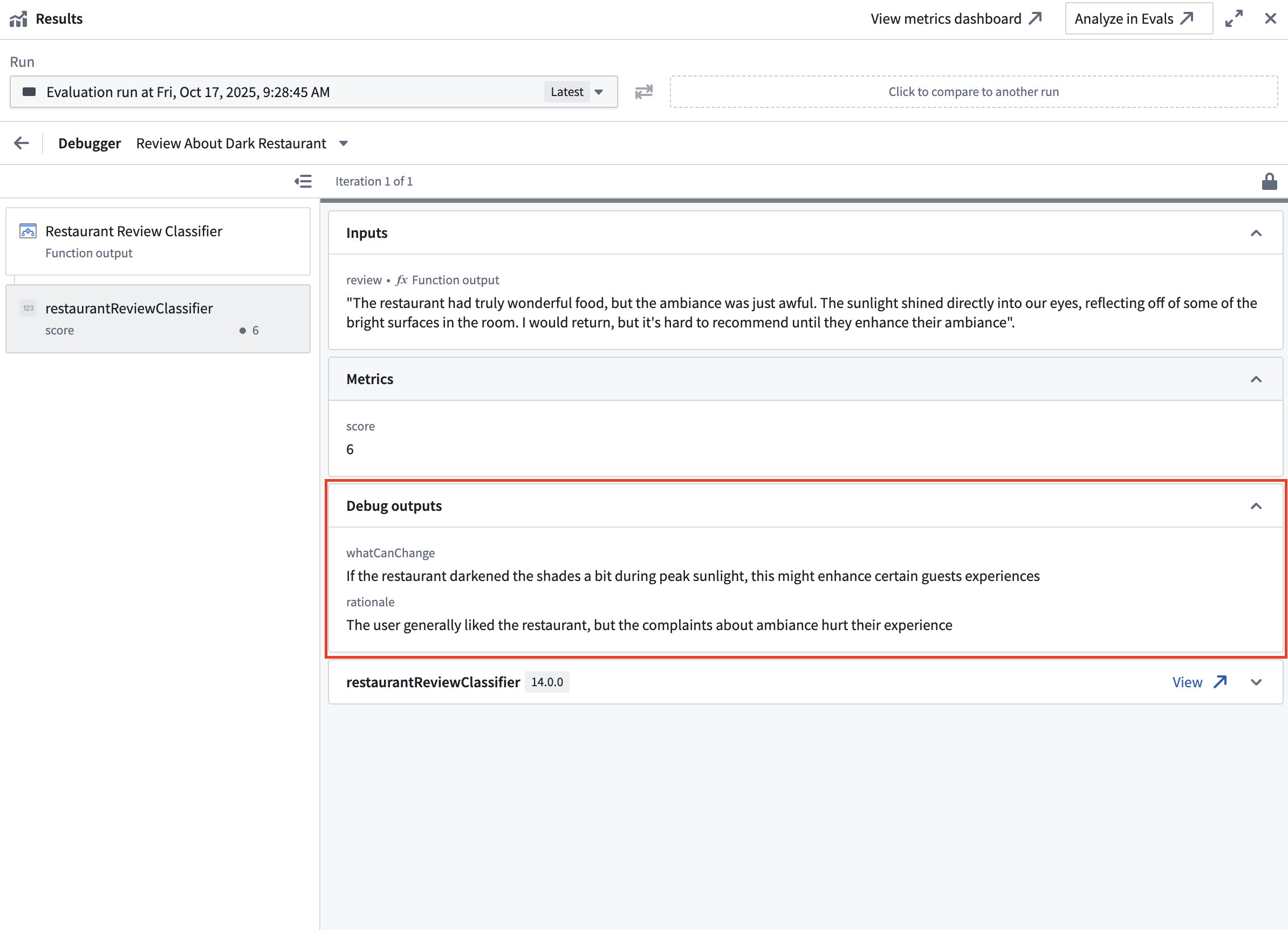 Debug outputs from a custom function evaluator.