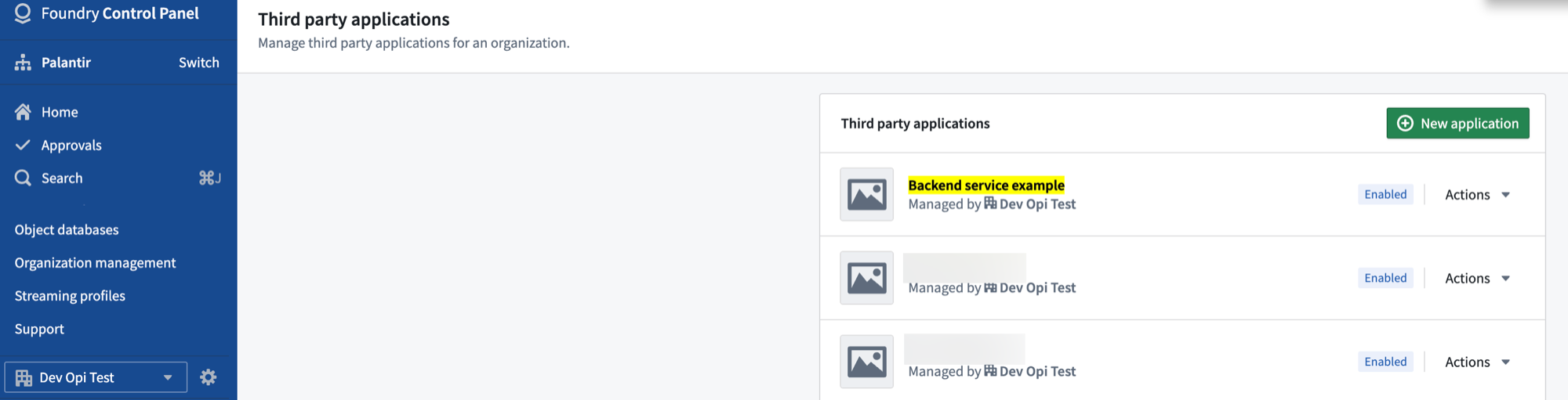 The Control Panel third party applications page showing your application.