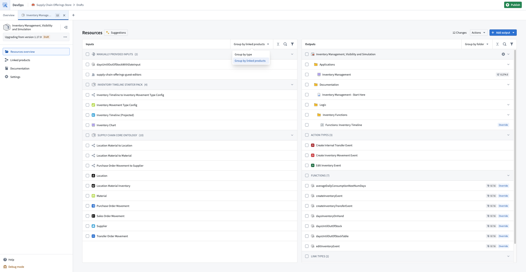 The Inputs panel displays a dropdown with Group by type and Group by linked products options.