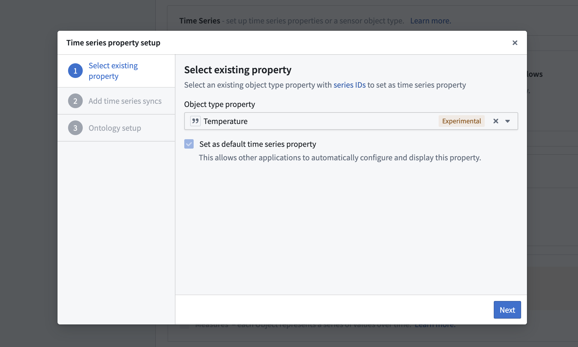 The dialog to add time series properties.