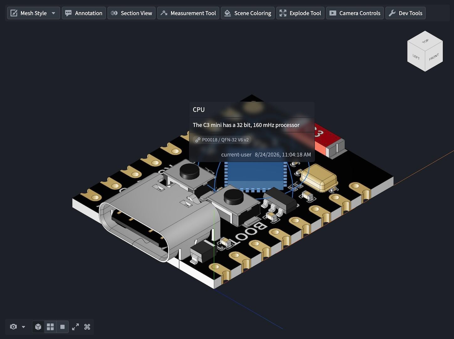 Annotations and measurements on a CAD model in Vulcan. Source Printableshttps//www.printables.com/model/1360390-esp32-c3-super-mini-model/files released under CC0 public domain.