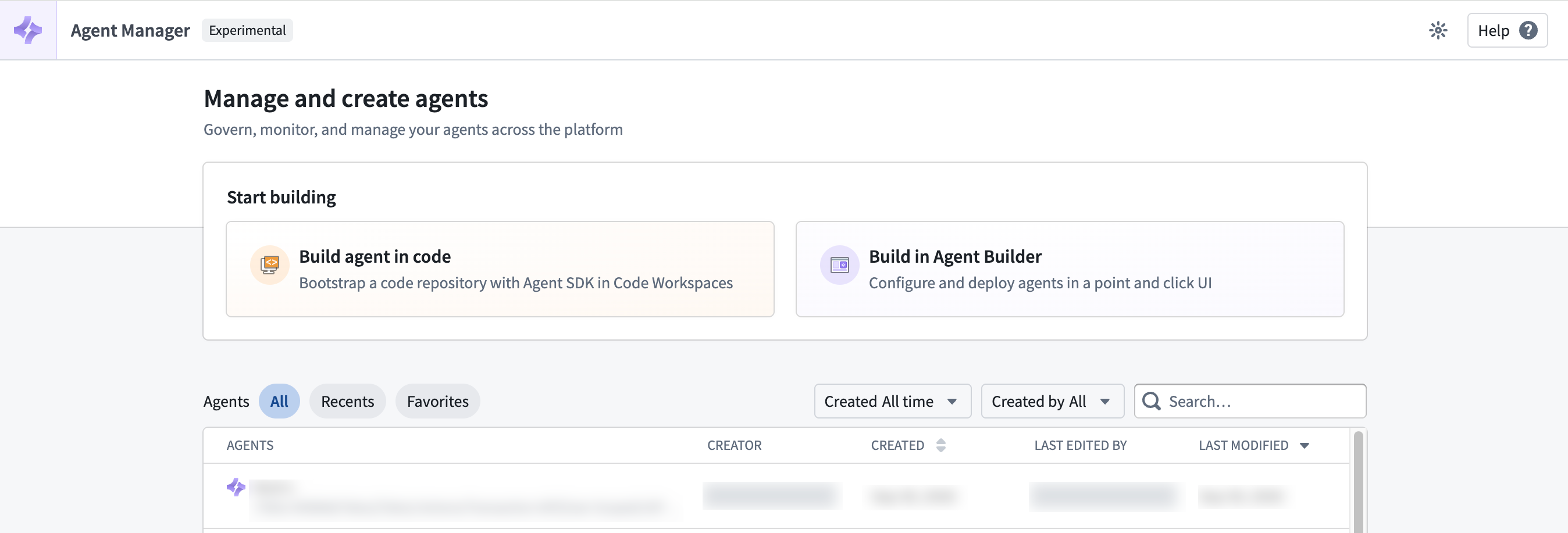 The Agent Manager homepage provides options to build agents and browse published agents.