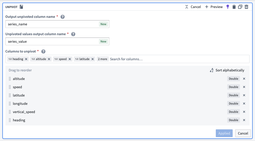 The unpivot transform board in Pipeline Builder, merging sensor data into one column